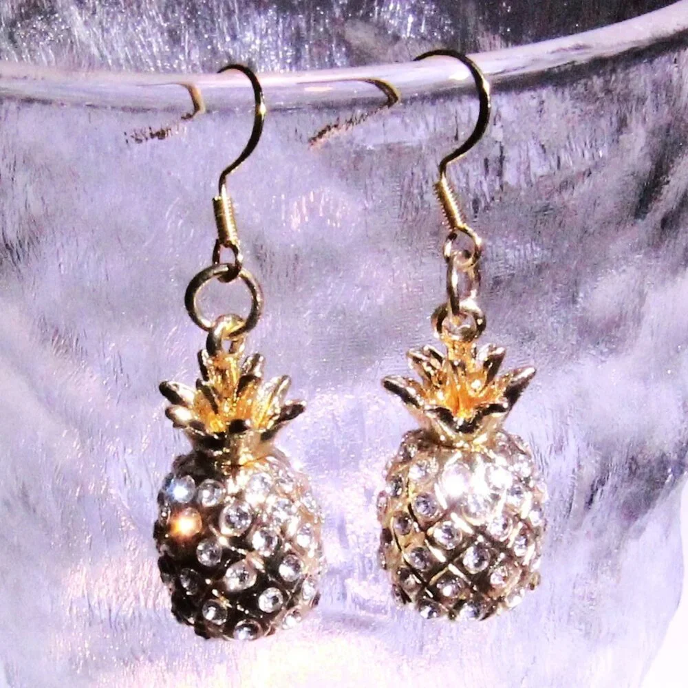 NWOT Gold Pineapple and Rhinestones Drop Earrings - Picture 6 of 8